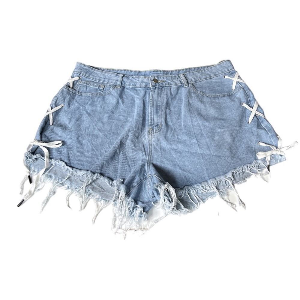 Shein Lace Up Sides Cutoff Jean Shorts Blue Size 3XL - Picture 1 of 6